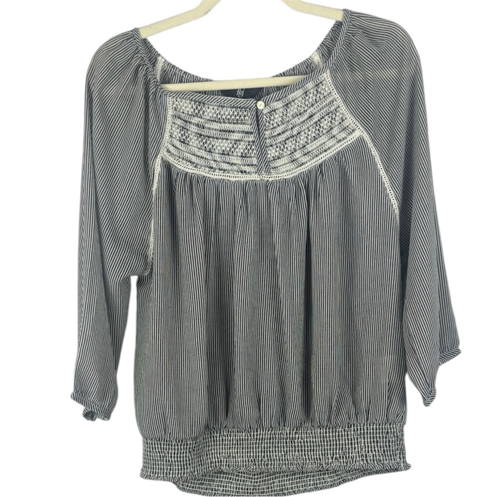 Fig Gray & White Striped Boxy Blouse Smocked Waist Chest Embroidered Detail XXL